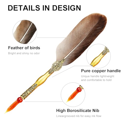 Feather Glass Dip Pen and Ink Set, Glass Calligraphy Pen with 5 Colors Ink and Pen Holder for Writing Drawing– MU-21