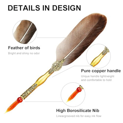 Feather Glass Dip Pen and Ink Set, Glass Calligraphy Pen with 5 Colors Ink and Pen Holder for Writing Drawing– MU-21