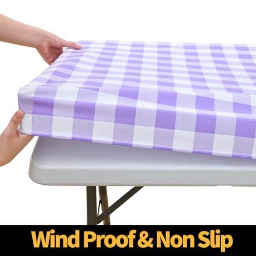 Smiry 4 Foot Picnic Table Cloth, Flannel Backed Fitted Vinyl tablecloths | Waterproof Elastic Rectangle Tablecloth ,Buffalo Plaid Table Covers for Dining, Camping (Purple and White, 24" x 48") - color: Purple and White, size: 48" x 24" (Rectangular)