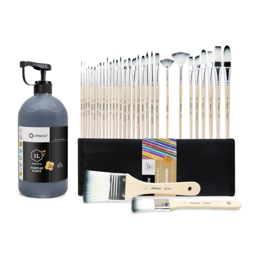 32 Pcs Acrylic Paint Brushes Set & Artecho Mars Black Acrylic Paint 1000ml / 33.8 fl oz Pump Dispenser
