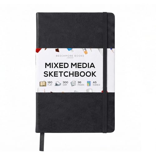 Beechmore Books A5 5.8x8.3 Mixed Media Sketchbook 300 GSM/140LBS | Heavyweight Vegan Leather Hardcover, 96 Pages Art Journal, Art Supplies for Paintings, Gouache, Watercolor & Ink - color: Charcoal Black, size: A5 - 5" x 8" Medium