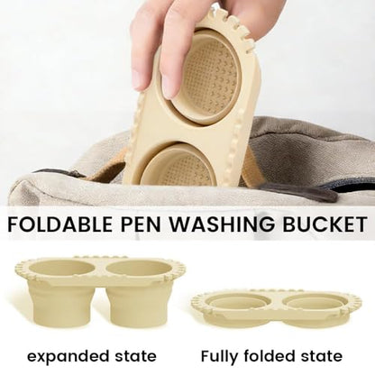 Beige Dual Compartment Paint Brush Cleaning Cup,Collapsible Paint Water Cup & Brush Cleaner with Brush Holder, Squeegee Lips & Drip Tray for Acrylic, Watercolor & Art Supplies