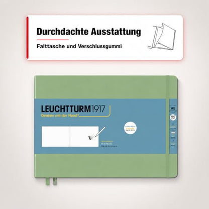 Leuchtturm1917 - Medium Landscape Hardcover Sketchbook (Sage) - 112 Pages of 150g/m² Paper | 150 g/m² drawing cardboard, blank, 112 pages, thread binding, folding pocket, bookmark, elastic closure, acid-free - color: Sage, size: Medium Landscape (A5)