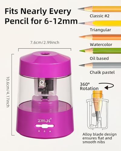 ZMOL Electric Pencil Sharpener Battery Powered, 6-12mm Jumbo Pencils, Pink - color: Pink