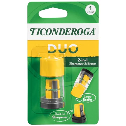 Ticonderoga Duo 2-in-1 Pencil Sharpener & Eraser, Yellow, 1 Count | Ideal for writing, drawing, schoolwork, classrooms and office use - size: 1 Count (Pack of 6)