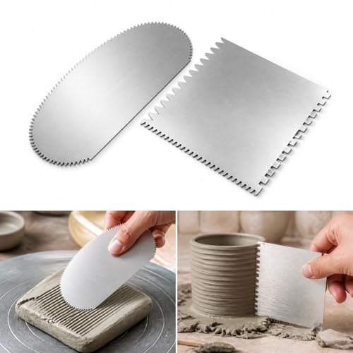 2PCS Stainless Steel Pottery Tools Serrated Scraper Clay Ribs Sculpture Modeling Cutter for Clay Sculpting Texturing Pottery Craft