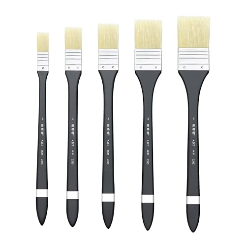 XDT#2365 Hake Artist Paint Brush 5 Piece Set, Hog Bristle Paint Brushes for Acrylic Painting, Flat Brushes with Black Handle for Art, Craft, Oil & Watercolor, 5 Assorted Sizes (0.59" to 1.54") - size: Whole Set 5Pc