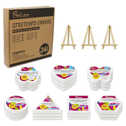 24-Pack 10cm (4") Mini Canvas for Kids, 100% Cotton Acid-Free Stretched Canvases with Easel for Painting, 5/8 Inch Profile 8 Ounce Shaped Canvas for Acrylics,Oils Paints, Perfect for Painting Party