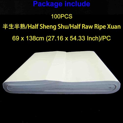 KYMY Chinese Japanese Calligraphy Paper 100PCS, Sumi/Rice Paper for Writing Painting Drawing Practice, Chinese Brush Ink Half Sheng Shu (Half Raw Ripe) Xuan Paper (69 x 138 cm (27.16 x 54.33 Inch)) - size: Half Sheng Shu(Raw Ripe) 69x138cm(27.2 x 54.3In)