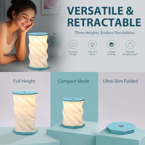 Portable Foldable Table Lamp, Japanese Gift, Paper Lantern Lights | Touch Control Dimmable Lamp with 3 Adjustable Heights, Rechargeable Warm Light, Travel Gifts for Women Men Couples (Blue) - color: Blue