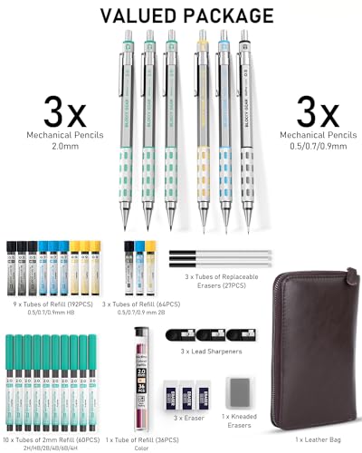 Nicpro Blocky Gear Metal Mechanical Pencil Set with Leather Case | 40PCS Art Drafting Pencil 0.5/0.7/0.9/2mm Lead Pencil with 352PCS (HB 2H 4H 2B 4B 6B Color) Lead Refill for Sketching Drawing - style: 6 PACK with Leather Bag