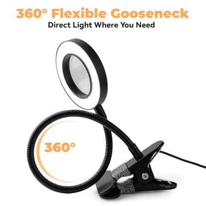 LALISU Clip on Lamp, 5X Magnifying Glass with Light LED Desk Clip Lamps - color: Black with magnifying