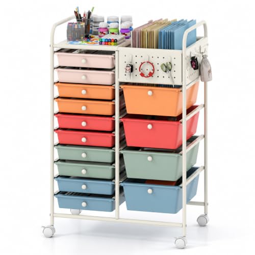 Giantex 14 Drawer Storage Cart, Rolling Craft Cart with Metal Tabletop & Pegboard, Mobile Utility Organizer Trolley with Locking Wheels, Home Office, Macaron Multicolor - color: Macaron, size: 14 Drawer-25"x14.5"x34.5"