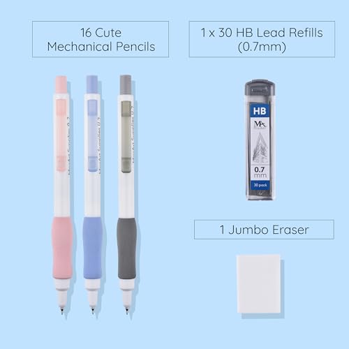 MozArt Cute Mechanical Pencil Set 0.7mm 16PCS Pastel Aesthetic Girls | 30 HB Lead Refills – Aesthetic Pastel Design – Art & Drawing Supplies for Girls, Students & Kids – Cute Writing Pencils - color: Cute 0.7