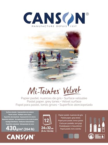 Canson Mi-Teintes Velvet Drawing Paper Pad, Grey Tones, Assorted Colors, Glue Binding, (260lb/430g), 12 Sheet, 9.4x12.6 inch, 1 Count - color: Grey Tones, size: 24x32cm