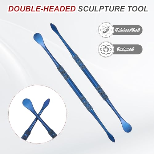 HARFINGTON 22pcs Wax Carving Tool 4.8" Double-Headed Stainless Steel Sculpture Tools Kit Modeling Engraving Sculpting Spoons for Clay Pottery Crafts Shaping, Navy Blue - color: Navy Blue