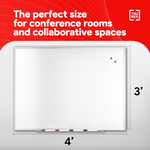 TRU RED Steel Magnetic Whiteboard, 4 ft x 3 ft, Satin Frame | Wall-mounted dry erase board includes 4 multicolor markers for offices or classrooms. - color: Gray, size: 4' x 3', style: Magnetic