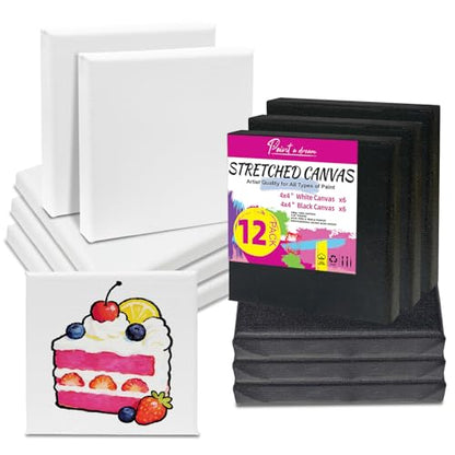 12 Pcs Stretched Canvas, 4x4 Canvas, Black & White Blank Canvas, 100% Cotton (280g) with Natural Cottonseed Husk, Triple Primed, Warp-Resistant Wood Frame, Ready to Paint for Acrylics & Oils - size: 12pk-4x4 inch