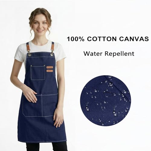 ZOMAO Chef Apron for Women Men with Large Pockets, Cotton Canvas Cross Back Waterproof Work Aprons for Kitchen Cooking Bib - color: Blue