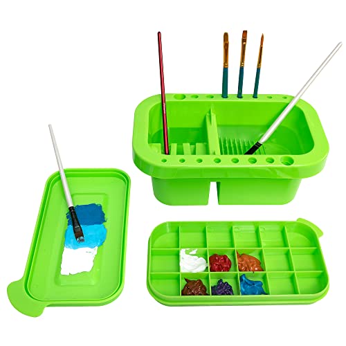 MyLifeUNIT Paint Brush Cleaner, Paint Brush Holder and Organizers with Palette for Acrylic, Watercolor, and Water-Based Paints (Lawn Green) | 18 mixing wells, 16 slots fitting 0.24-0.63 in diameters, 3 washing compartments, removable tray lid - color: Law