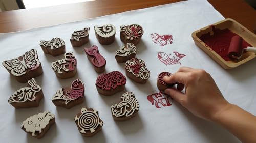 CraftsofIndia® Animals and Birds Wooden Blocks for Stamping, Block Printing on Textiles, Pottery Crafts,Henna, Wall Painting (Set of 15) - size: Pack # 100
