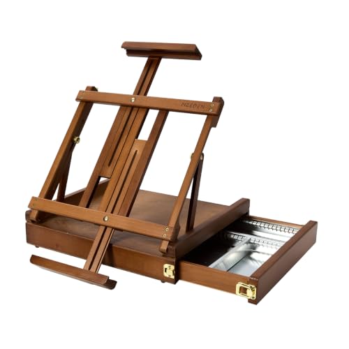 MEEDEN Portable Tabletop Easel for Painting: Beech Wood Sketchbox with Art Supplies Storage Drawer - Holds Up to 34" Canvas Panels - Adjustable Foldable Plein Air Desktop Stand for Artists Painters - color: Walnut