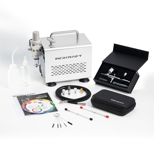InoKraft Airbrush Kit with 1/6 HP Quiet Air Compressor | Gravity Airbrush with 3 Tips 0.2, 0.3 & 0.5 mm- Hose, Holder, How-To Guide- Airbrush Paint Set for Model Painting, kids gifts - color: Airbrush Kit Basic Kit
