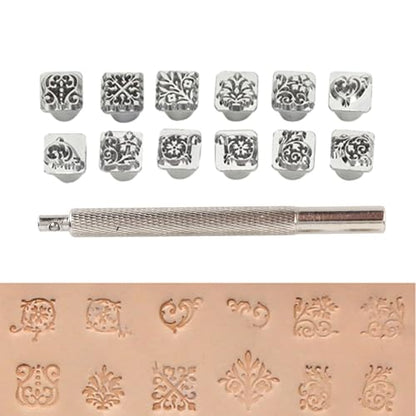 Leather Stamp Tool, 12Pcs Leather Stamping Punch Stamper DIY Leather Craft Making Tools Flower Design Embossing Pattern with Stamping Handle for Leathercrafting