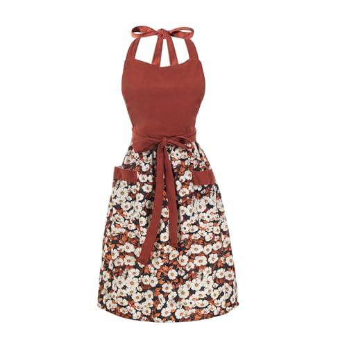Cute Floral Apron for Women with Pockets, Cotton, Adjustable Straps - color: Burgundy