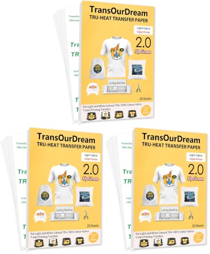 TransOurDream Upgraded Iron on Heat Transfer Paper for T Shirts (20 Sheets, 8.5x11) Iron on Transfers for Light Fabric Printable Heat Transfer Vinyl for Inkjet Printer (TOD-4) (Pack of 3) - color: Light, size: 20 Sheets (Pack of 3)