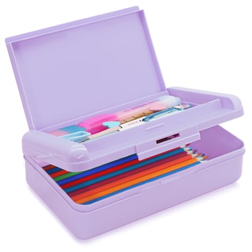 Plastic Hard Color Double Layer Cute Pencil Box Case For Girl Boy | Colored Kids Pen Case Box For Marker Crayon,School Office Art Supplies Storage Organizer Box,Medium Size(Purple) - color: Purple