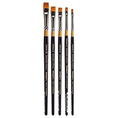 KINGART Premium 5 pc. Original Gold 9450 Series Chisel Blender - Bright Artist Brush Set, Synthetic Golden Taklon for Acrylic, Oil, and Gouache Painting, Short Handle, 5 Sizes - 2, 4, 6, 8, 10