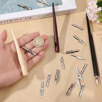 beinkmake 20Pcs Comic Pen Nib Set 17 Styles Stainless Steel Dip Pen Nib Replacement 3 Colors Wooden Pen Holder for Writing Drawing Signing