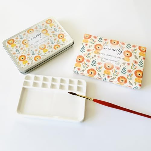 Watercolor Palette,Portable Travel Ceramic Palette,Small Travel Metal Paint Boxwith Porcelain Palette (14Well)