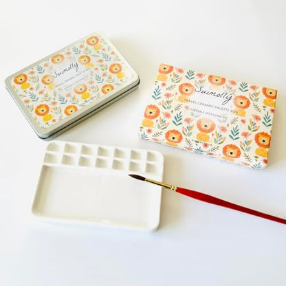 Watercolor Palette,Portable Travel Ceramic Palette,Small Travel Metal Paint Boxwith Porcelain Palette (14Well)