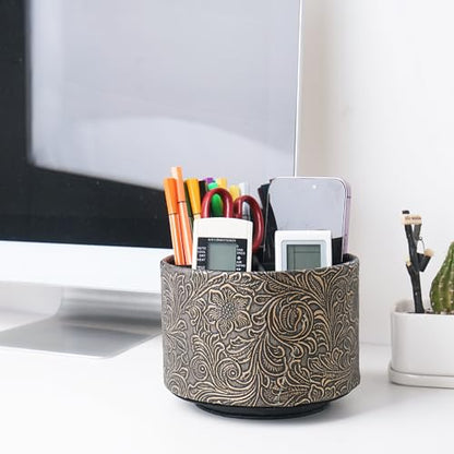 Round Leather Art Supply Organizer,Remote Control Holder,360 Degree Spinning,Multi-Functional Pencil Holder,4 Compartments Desktop Stationary Organizer(1-Carved Cooper Gold) - color: 1-Carved Cooper Gold