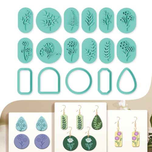 17Pcs Wildflowers Polymer Clay Cutters Boho Clay Earrings Cutters | Wild Grasses Leaves Polymer Jewelry Cutter for Earrings Making Birthday Party DIY Supplies