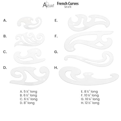 Acurit French Curve Set of 8 – Clear Plastic Drawing Templates for Sewing, Pattern Making, Drafting, Fashion Design, Architecture, Graphic Illustration – Smudge-Free Inking Edges