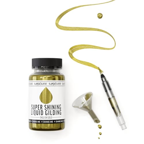 KAMENSKAYA Liquid Gold Leaf Paint - Alcohol Based Fast Drying English Gold Liquid Leaf, 3.38 fl oz (100 ml) | Liquid Leaf Paint with Natural Metallic Pigment, Strong Shine, Pen Brush & Funnel, One-Coat Coverage – Made in EU - color: English Gold, size: 3.