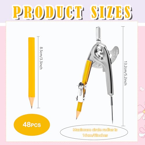 48 Pack Metal Compass for Geometry with Pencil Compass Drawing Tool Set for Students Math Compass for School Classroom Supplies Drafting Drawing