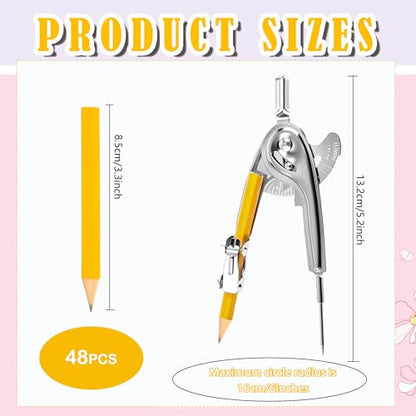 48 Pack Metal Compass for Geometry with Pencil Compass Drawing Tool Set for Students Math Compass for School Classroom Supplies Drafting Drawing