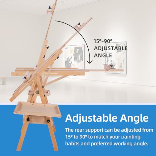 Large Horizontal Wooden Painting Easel, Holds up to 50'' | H-Frame Studio Easel Stand with Storage Drawer and Palettes, Suitable for Adults, Beginners, and Artists - style: Natural