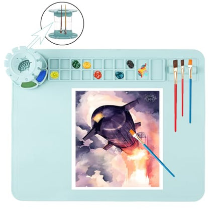 Silicone Craft Mat, 20"x 16"Painting mat Palette for Resin Casting Mold Mat, Nonstick Craft Sheet with Removable Cleaning Water Cup for Painting, Clay, Art, DIY Projects (Blue) - color: Blue