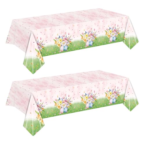 Floral Tablecloth, Pink and Green Garden Design, 2 Pack, Disposable Party Table Covers