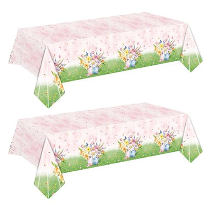 Floral Tablecloth, Pink and Green Garden Design, 2 Pack, Disposable Party Table Covers