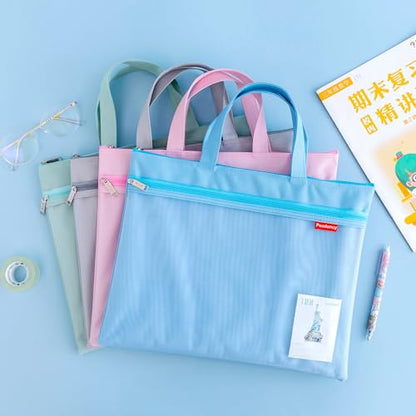 Pendancy Mesh Zipper Pouch 11x13.7 in, Large Double Pocket Waterproof File Bag with Handle, A4 Size Foldable Document Storage for Puzzle Project/Cross Stitch/Travel/Office（Blue） | Large Double Pocket Waterproof File Bag with Handle, A4 Size Foldable Docum