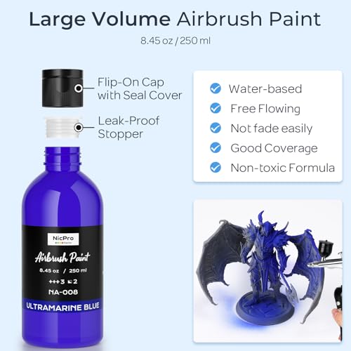 Nicpro Blue Large Airbrush Paint (8.45 oz, 250 ml) Ready to Spray Opaque Water-Based Acrylic Air Brush Paints for Model, Wood, Canvas, Metal, Plastic, Leather, for Beginners & Artists - color: Blue