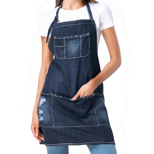 Apron for Women and Men - Adjustable Vintage Distressed Cotton Bib Aprons with Large Pockets for Cooking - color: Dark Blue