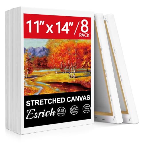 ESRICH Stretched Canvas for Painting, 8 Pack Canvases for Painting 11x14, 5/8 in Profile Primed White Painting Canvas for Oil & Acrylic Paint. - size: 11x14in-8P