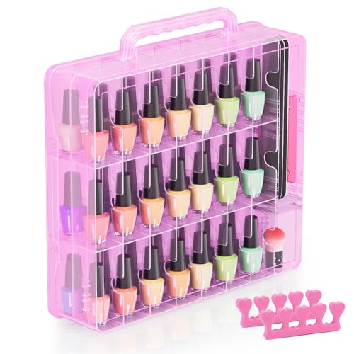 Beloving Nail Polish Organizer Case for 48 Bottles with Adjustable Divider, Double Side Nail Polish Holder for Storage Display, Pink - color: Pink, size: 1 Count (Pack of 1)